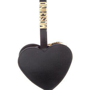 Moschino Vintage Black Leather Logo Heart Wristlet Bag